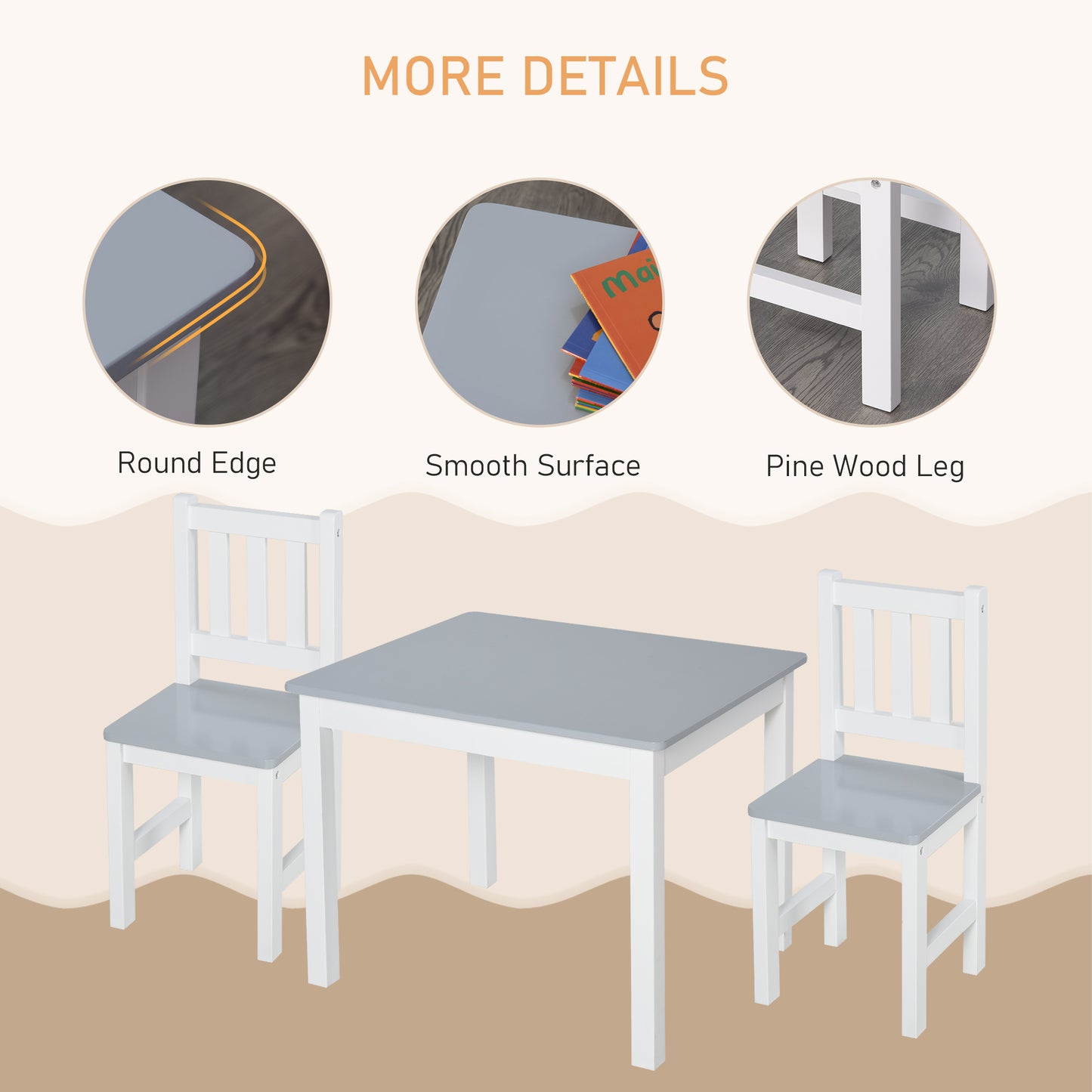 AI62 Decor Grey Kids Table and Chairs for Study & Snack Time