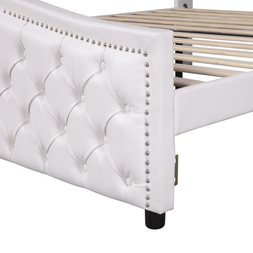 AI62 Decor Upholstered 135x190cm Bed with Drawers & Riveted Headboard – White