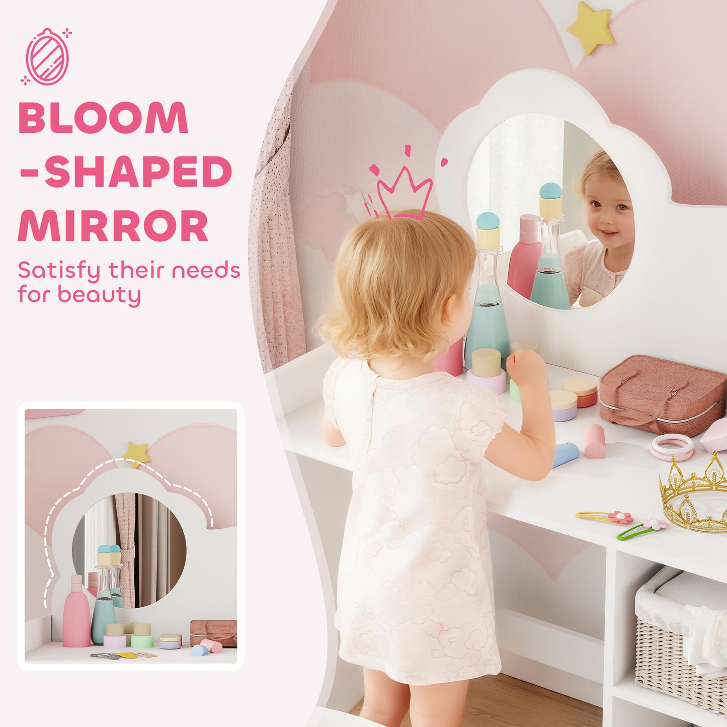 AI62 Decor  Kids Vanity Dressing Table Set with Mirror & Stool – White (Ages 3–8)