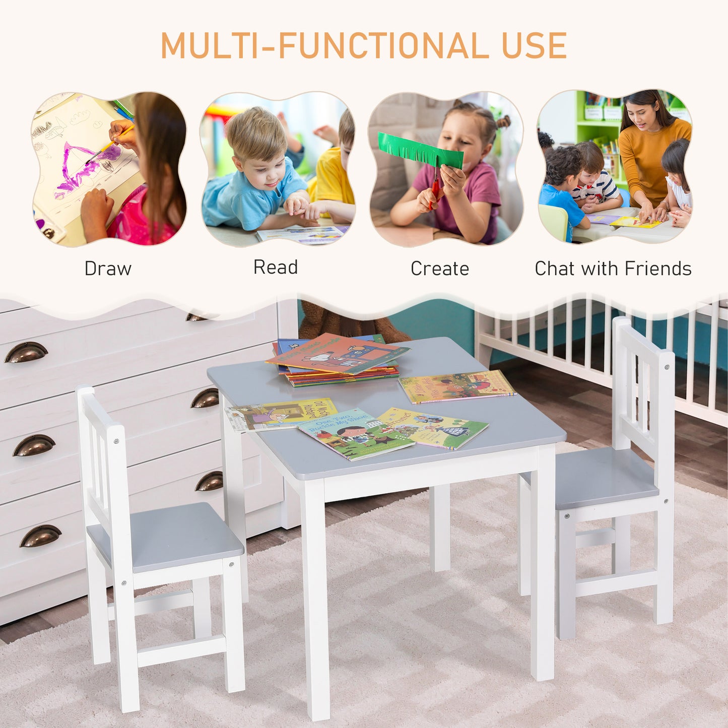 AI62 Decor Grey Kids Table and Chairs for Study & Snack Time