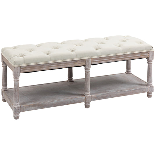 AI62 Decor 2-Tier Upholstered Storage Bench, Wooden Footstool, Cream White