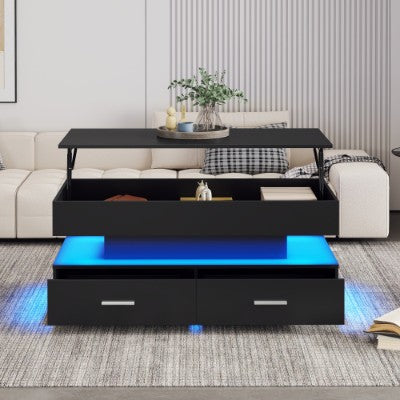 AI62 Decor Black Lift Top Coffee Table with LED Lights & Storage – 2 Drawers, Hydraulic Design