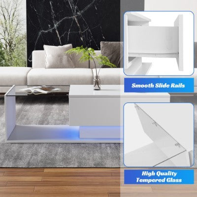 AI62 Decor Modern LED Coffee Table with Glass & Drawer