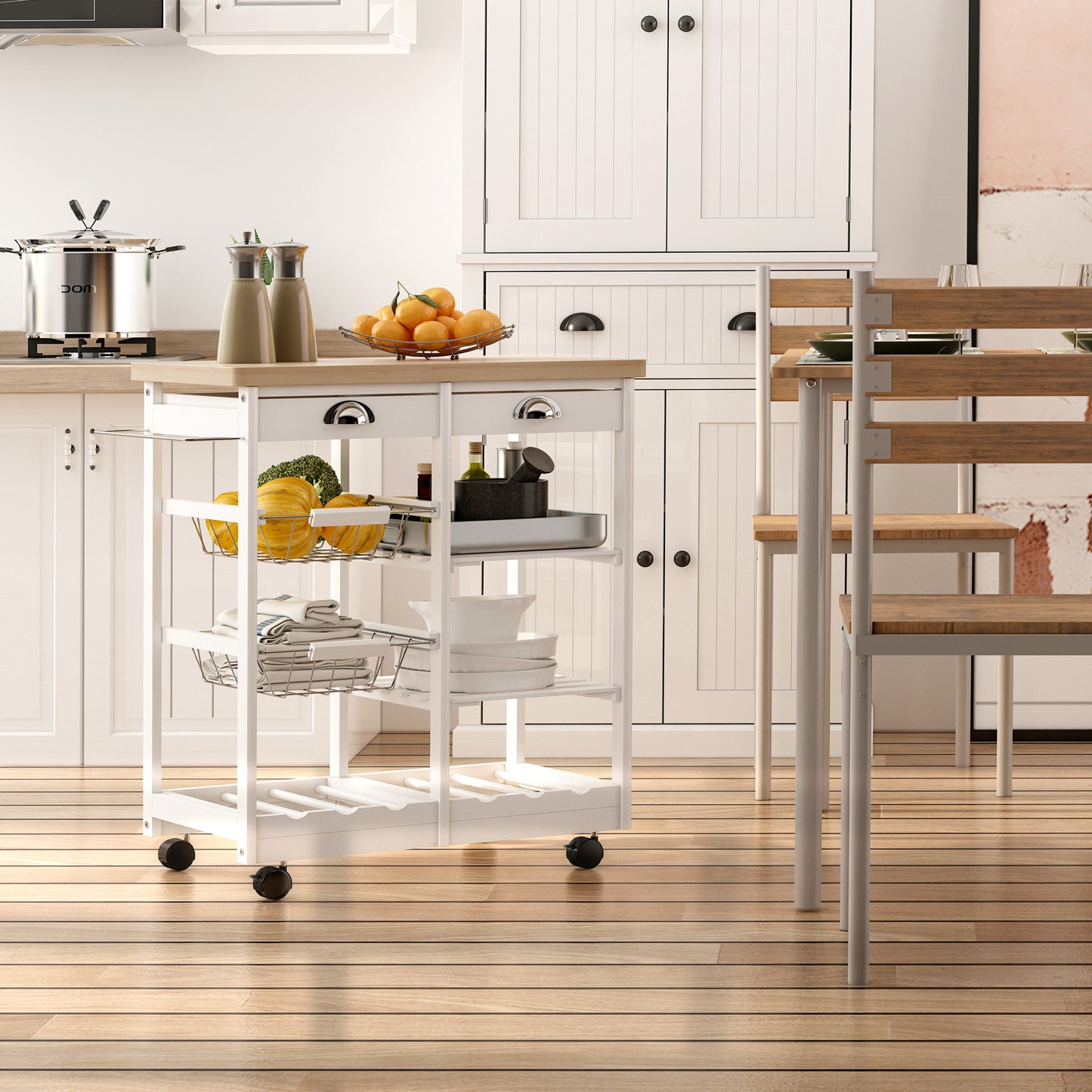 AI62 Decor Rolling Kitchen Island Trolley with Drawer, Wine Rack & Shelves – White