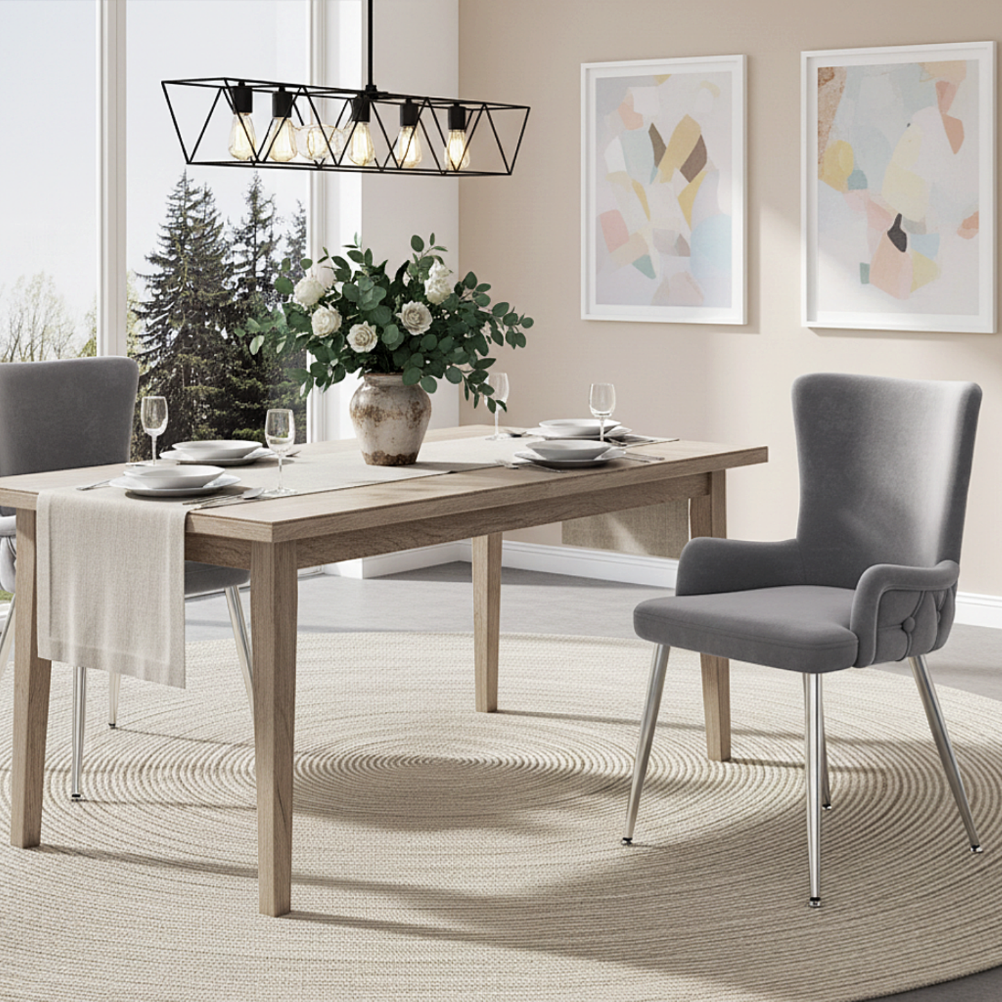 AI62 Decor Set of 6 Grey Velvet Dining Chairs with Silver Legs