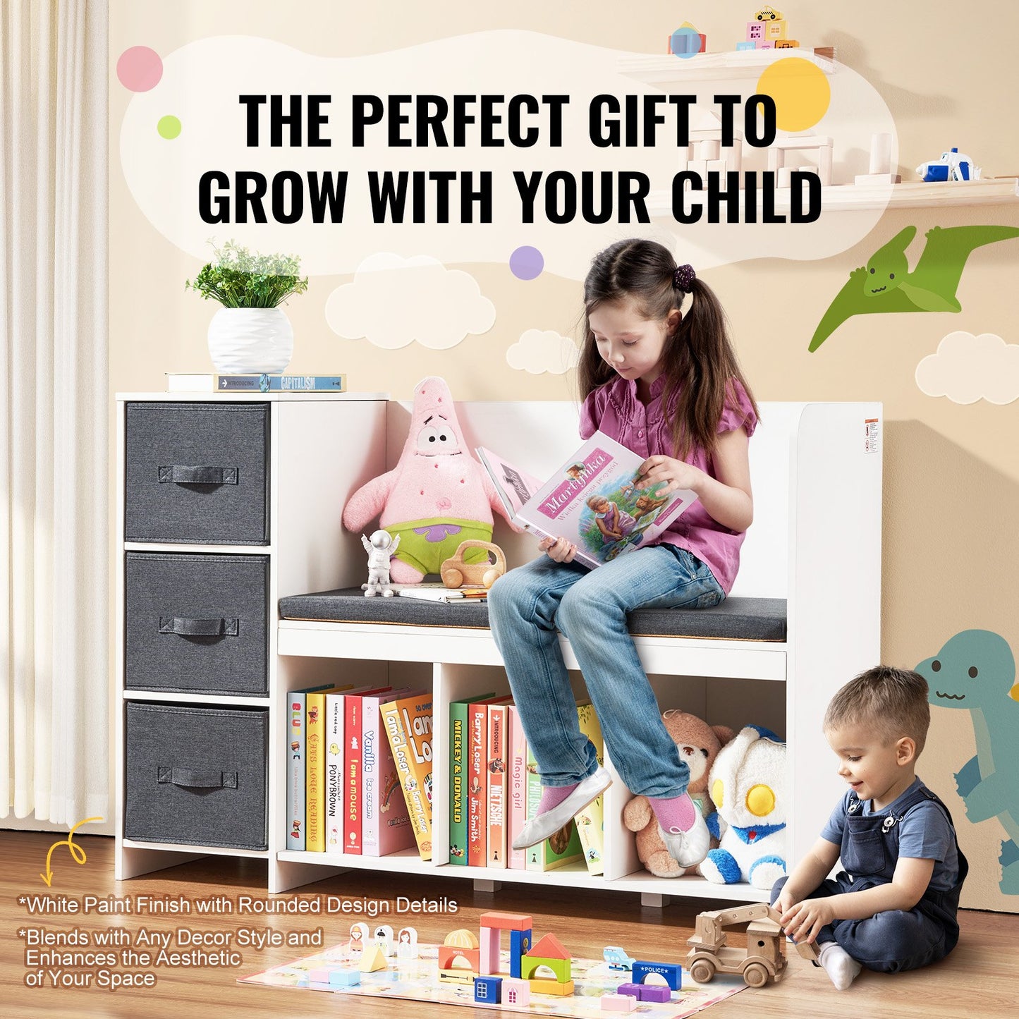 AI62 Decor Kids Reading Nook Bench with Storage & Drawers, White