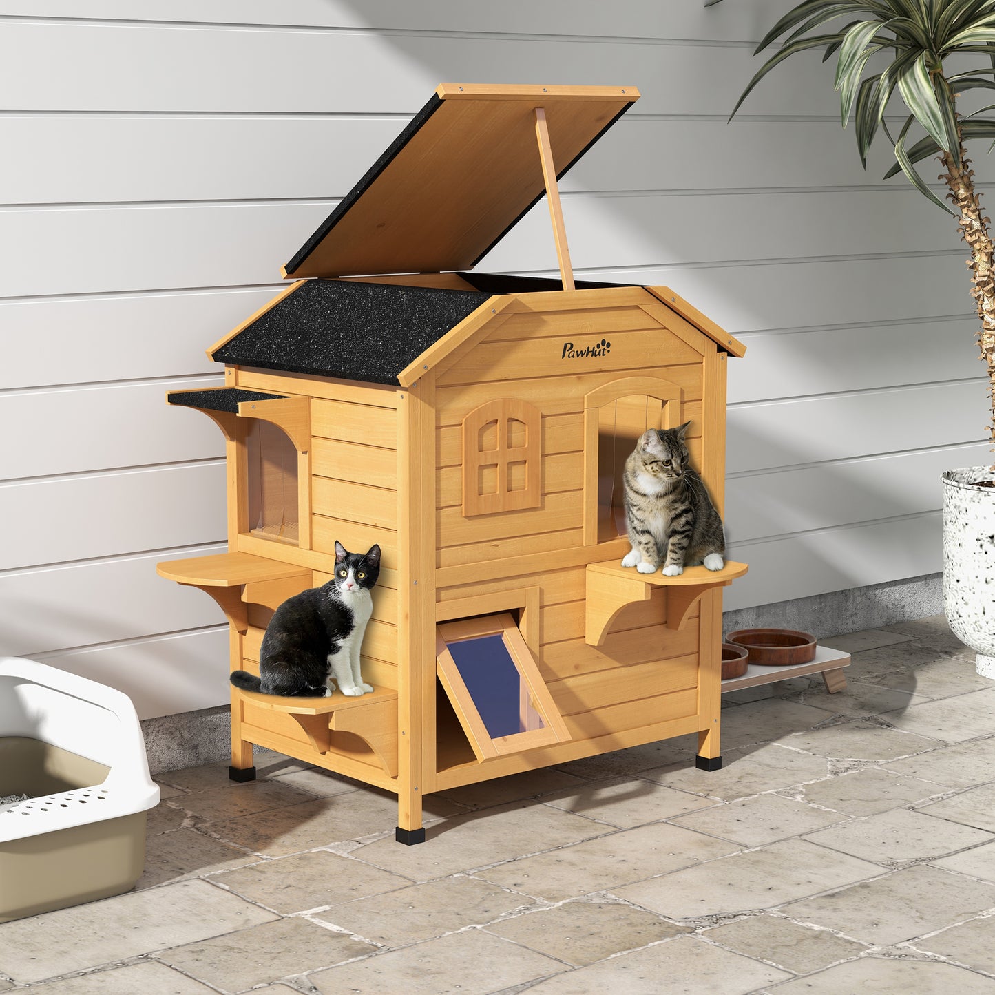 AI62 Decor PawHut 2-Story Outdoor Wooden Cat House with Platforms – Natural Finish
