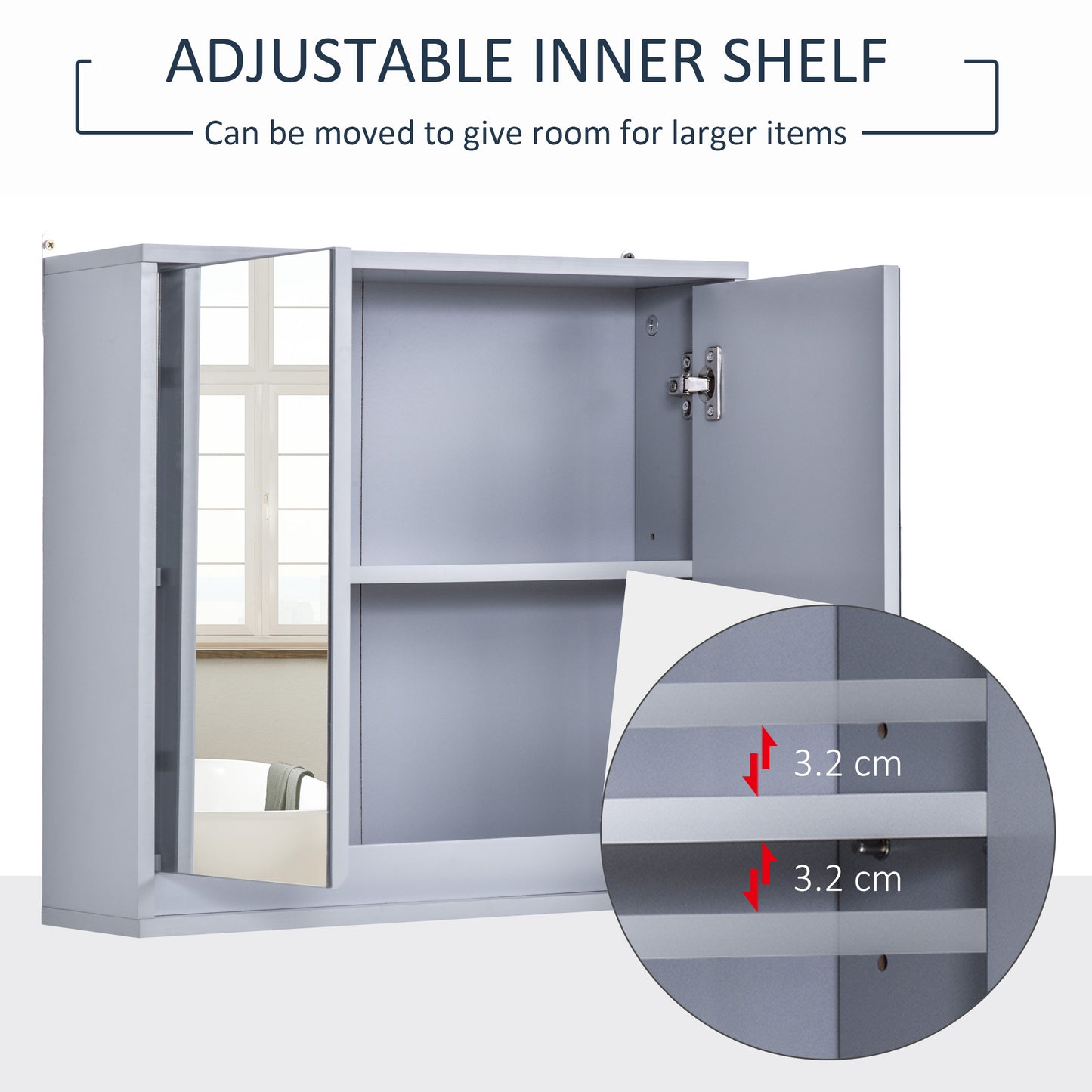 AI62 Decor Double Door Grey Bathroom Mirror Cabinet