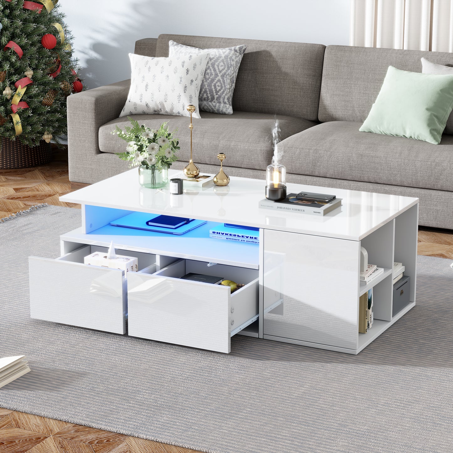 AI62 Decor High Gloss LED Coffee Table with Storage, 100×50×35 cm, White