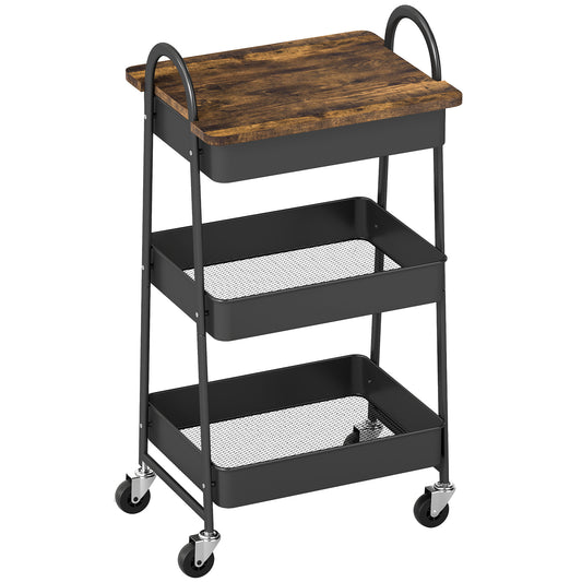 AI62 Decor 3-Tier Kitchen Trolley with Wheels – Rustic Brown & Black