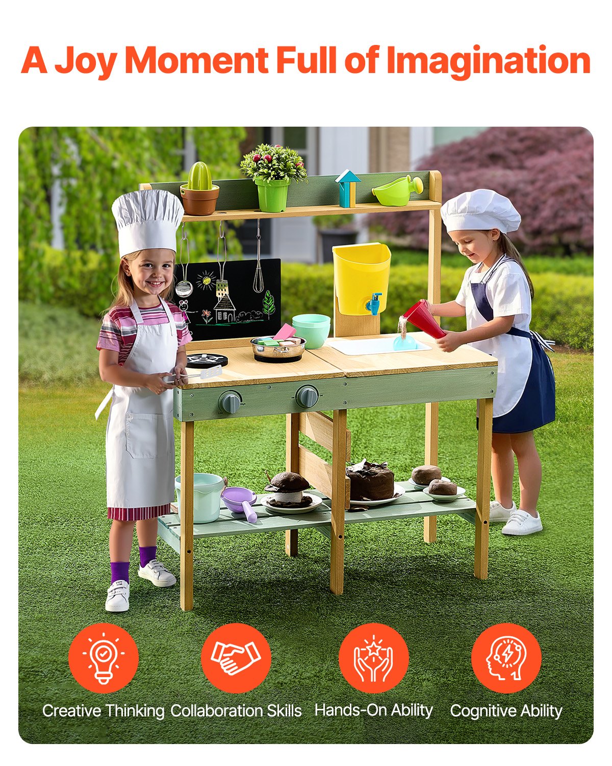 AI62 Decor Wooden Outdoor Toddler Mud Kitchen Playset with Stoves & Pots