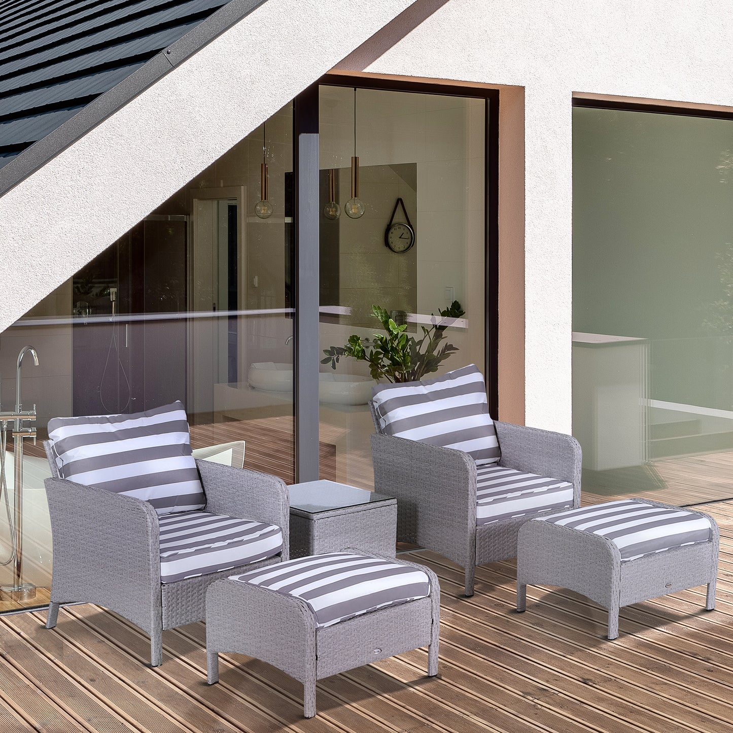 AI62 Decor 5-Piece Rattan Garden Set with Cushions & Glass Table – Grey/White