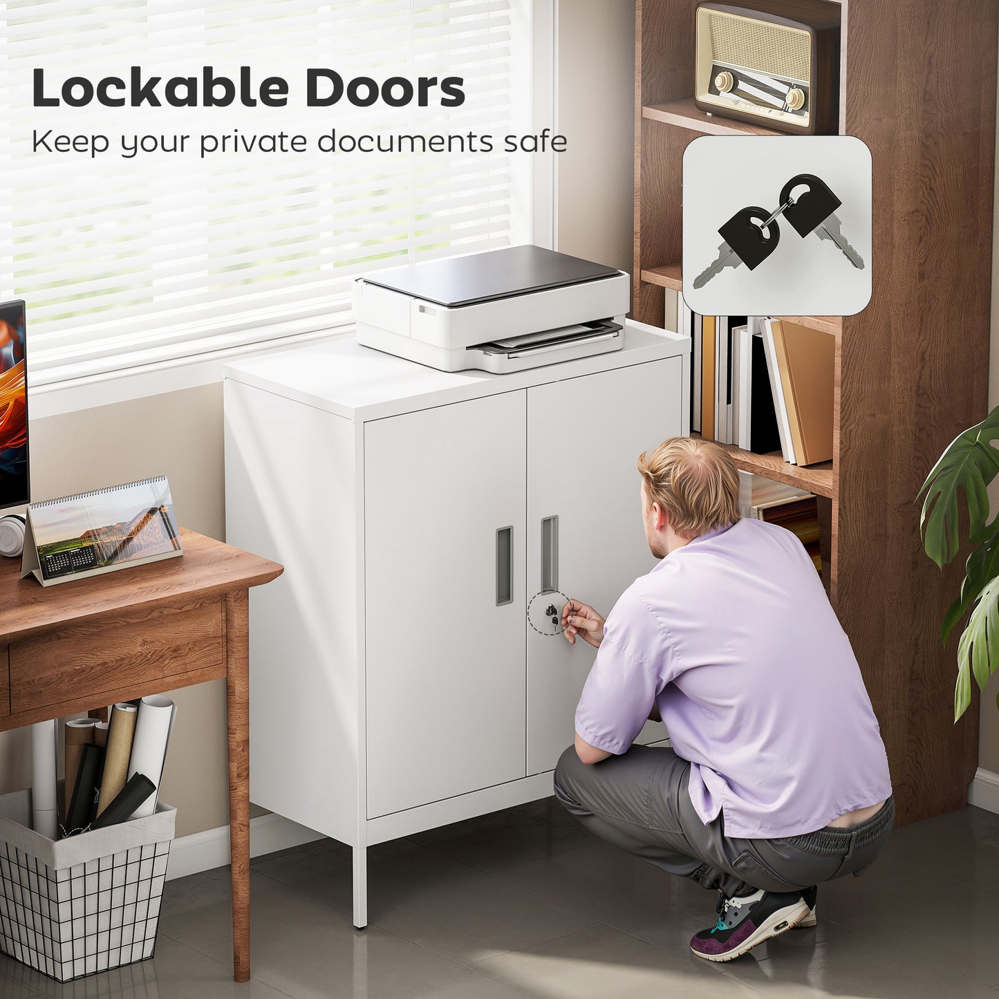 AI62 Decor Metal Storage Cabinet With Lock And Adjustable Shelves - White