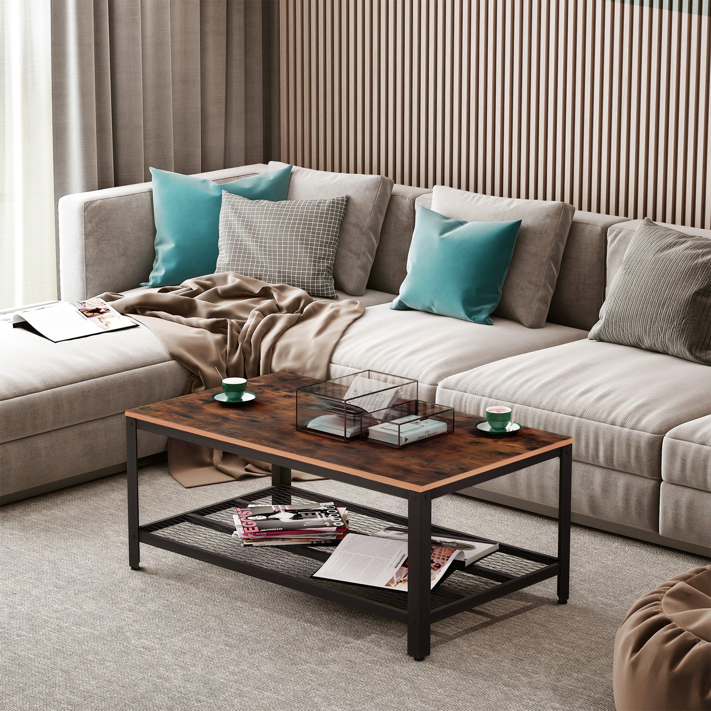 AI62 Decor Industrial Coffee Table with Storage Shelf & Metal Frame – 106×60×45cm