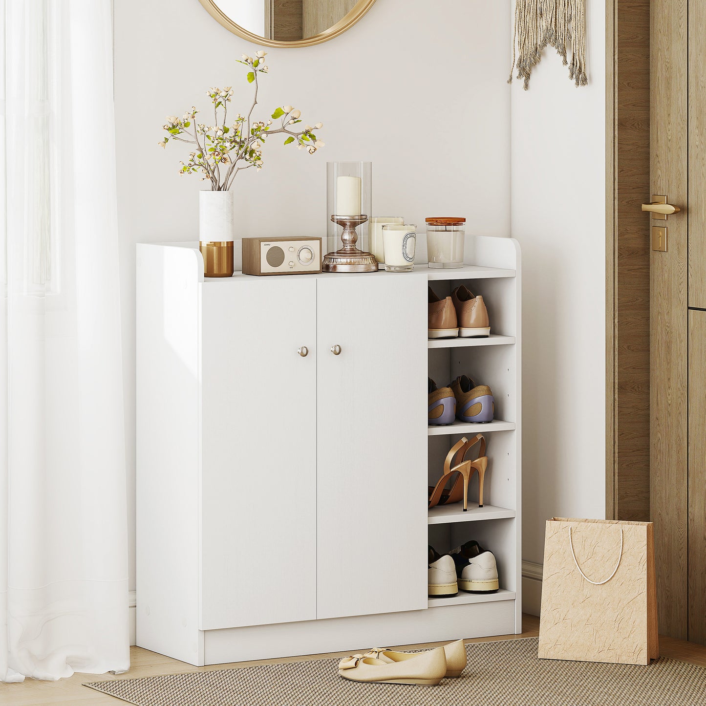 AI62 Decor White Shoe Storage Rack with 4 Shelves and 2 Doors