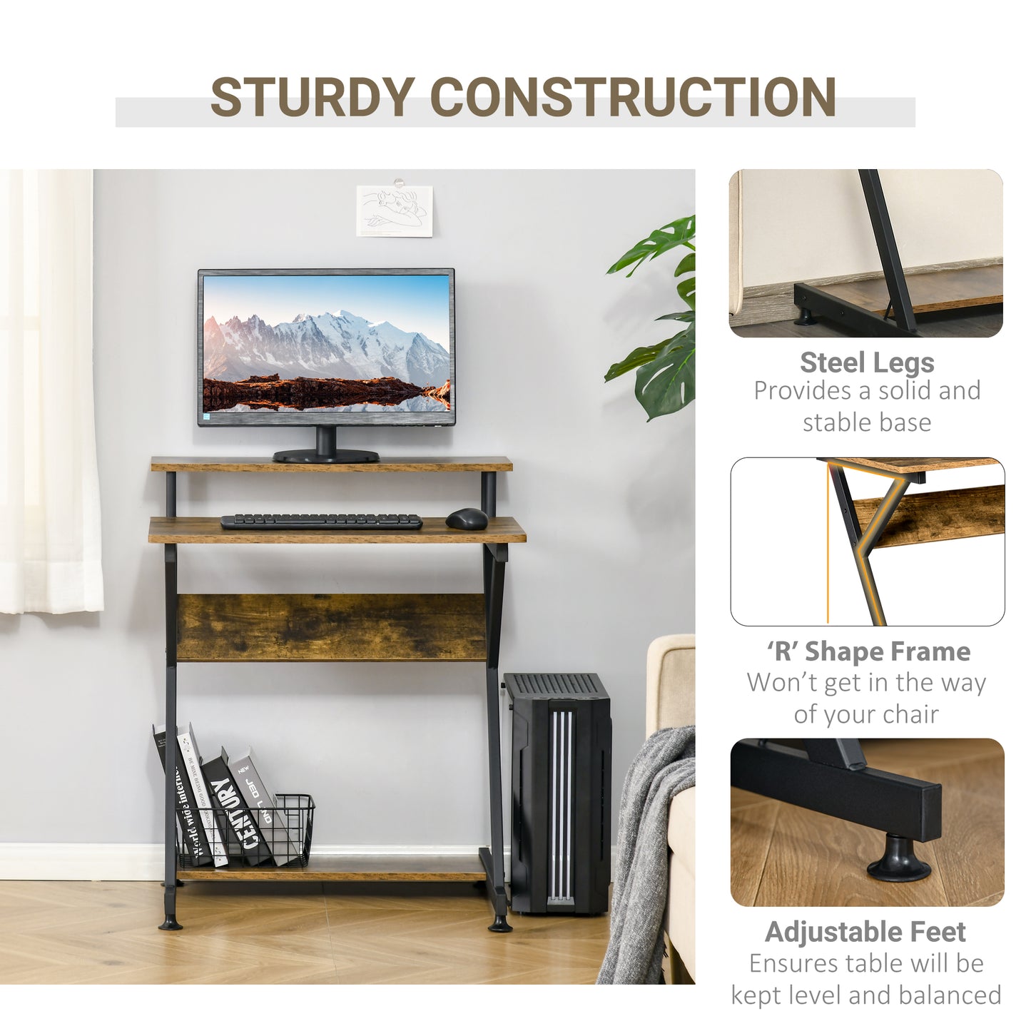 AI62 Decor  Compact Home Office Desk, Rustic Brown with Monitor Stand