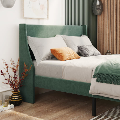AI62 Decor Single Velvet Upholstered Bed 3FT, Dark Green, Winged Headboard