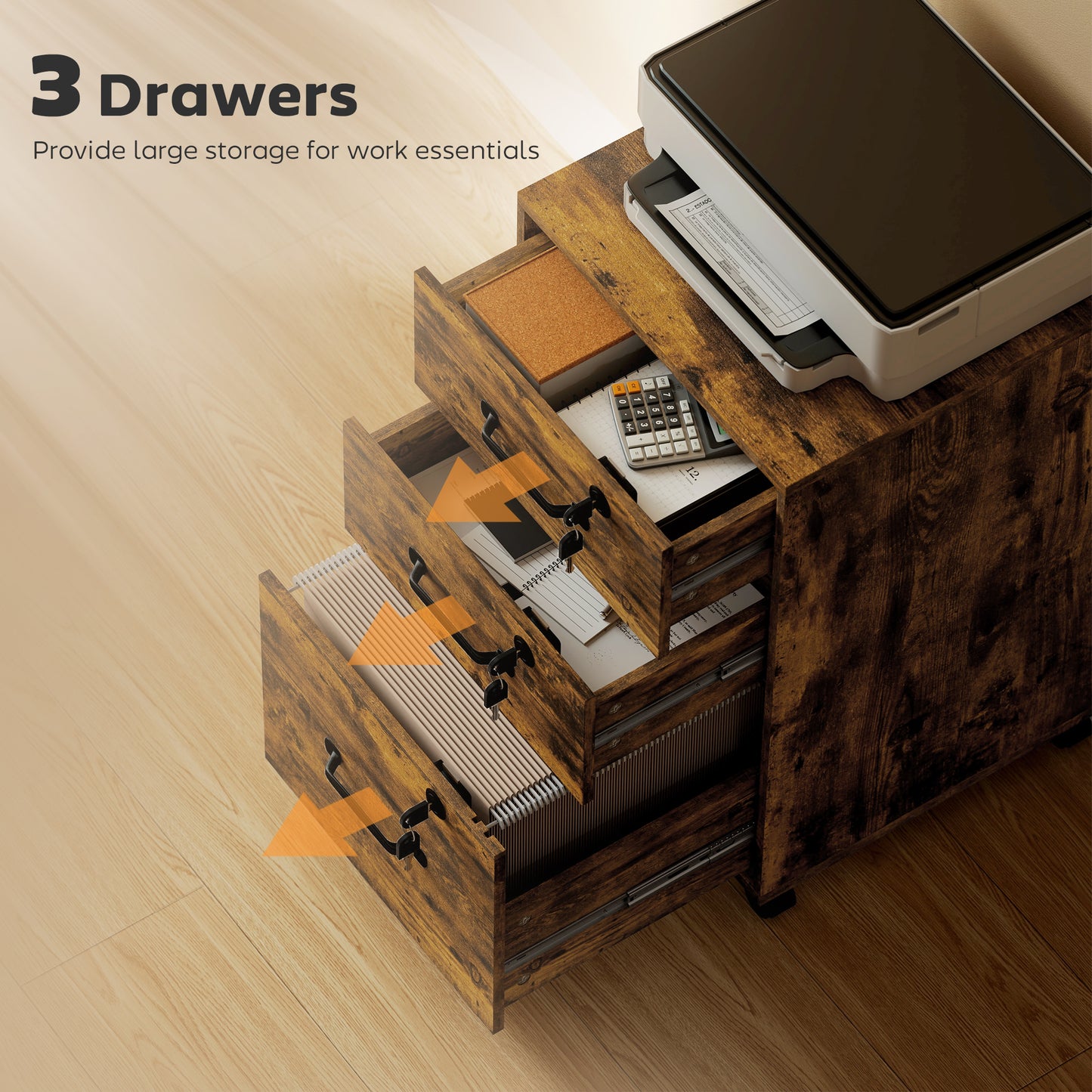AI62 Decor Three Drawer Wood-Effect Filing Cabinet - Rustic Brown