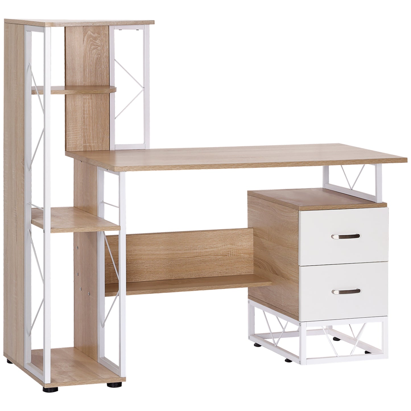 AI62 Decor Oak Computer Desk with Drawers & Bookshelf – Home Office Workstation