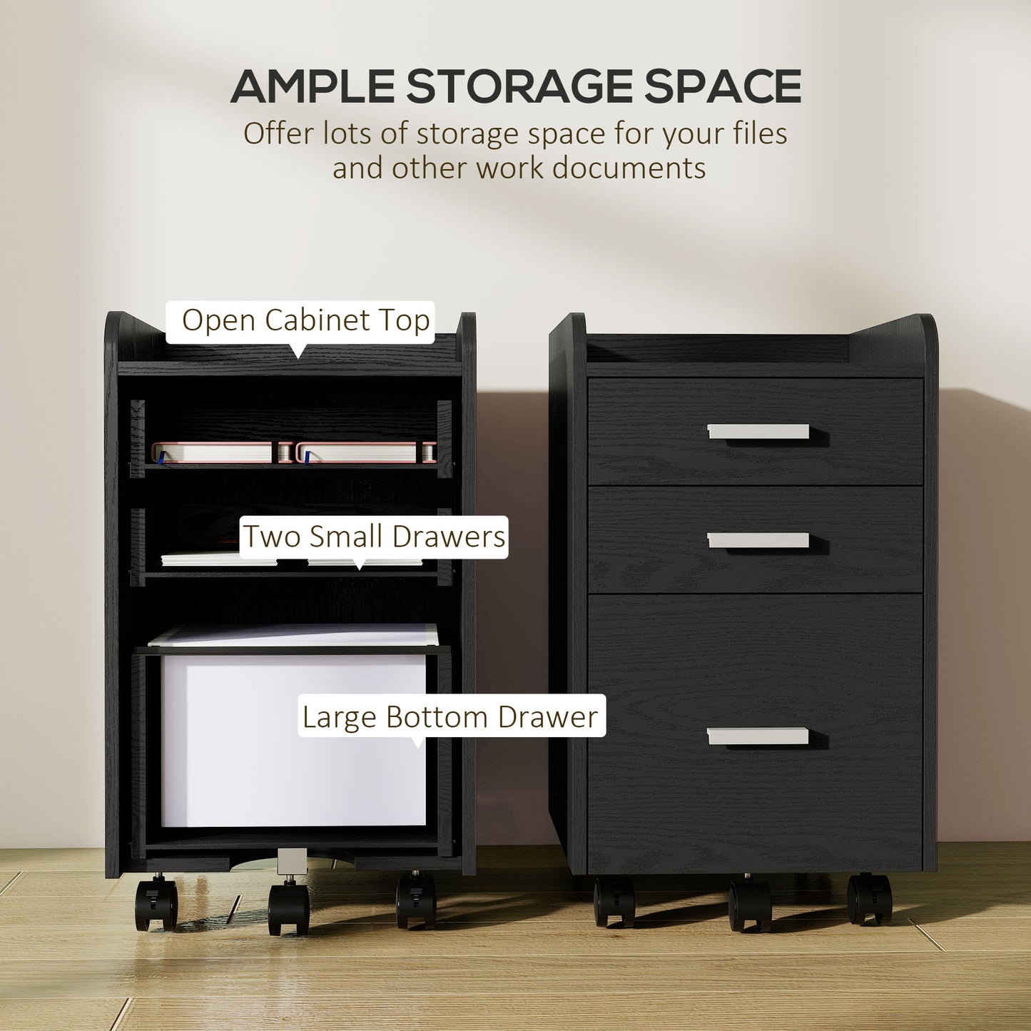 AI62 Decor 3 Drawer Rolling Filing Cabinet – Black