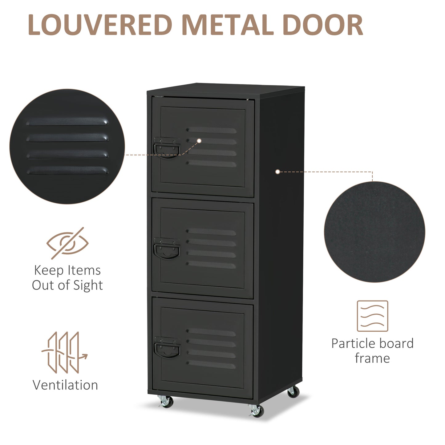 AI62 Decor Black 3-Tier Rolling Storage Cabinet with Metal Doors