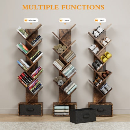 AI62 Decor 9-Tier Tree Bookshelf with Drawer for Living Room & Office