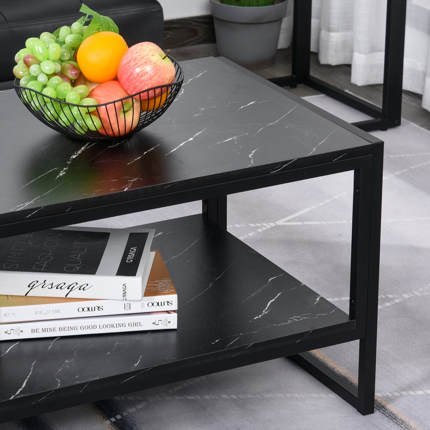 AI62 Decor Black Coffee Table with Storage Shelf