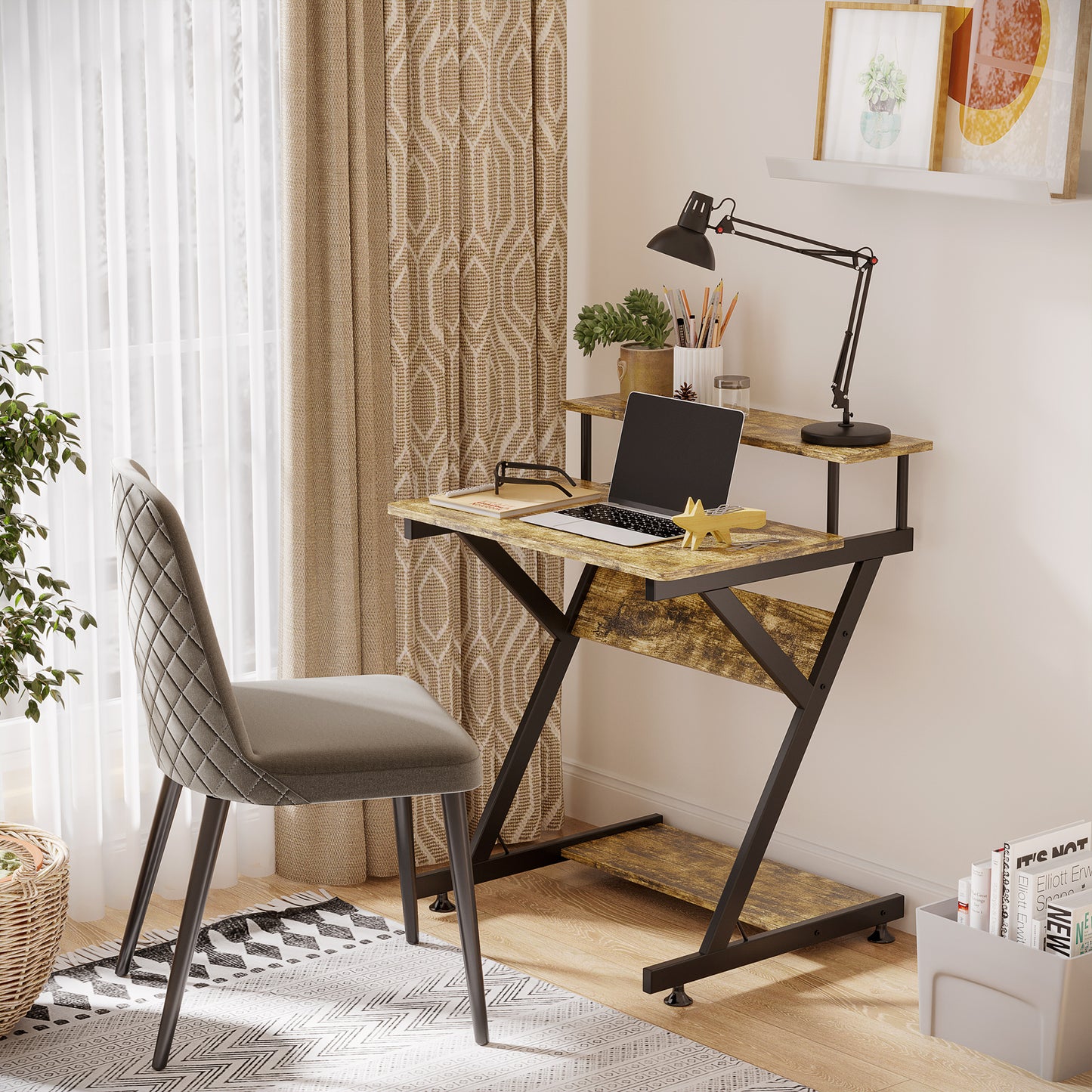 AI62 Decor  Compact Home Office Desk, Rustic Brown with Monitor Stand