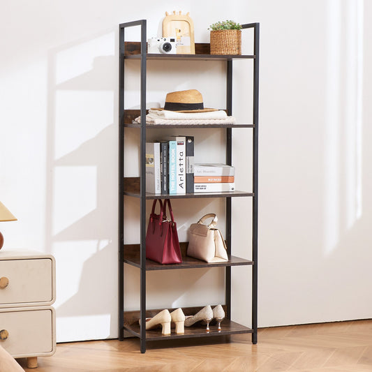AI62 Decor 5-Tier Metal Industrial Bookshelf, Rustic Open Shelves, Freestanding