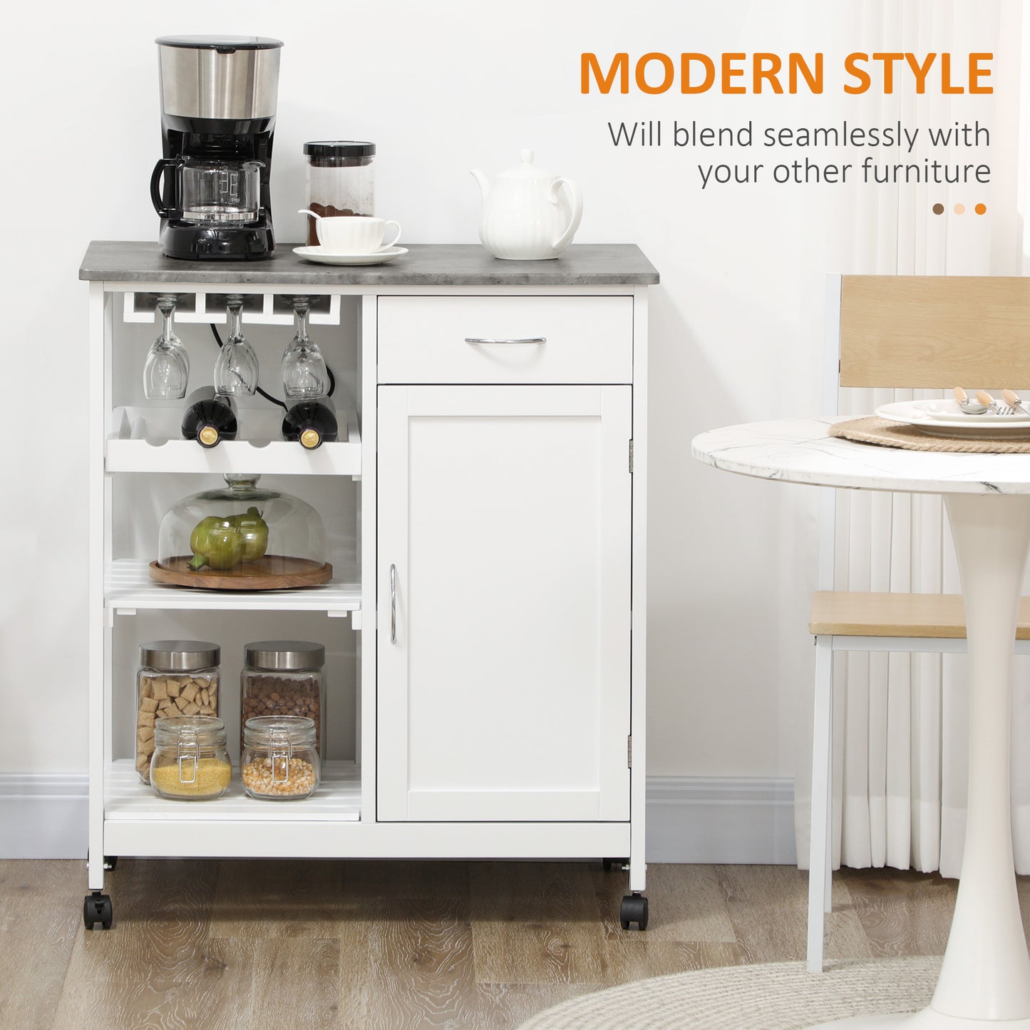 AI62 Decor Compact Kitchen Trolley Cart with Wine Rack & Cabinet White