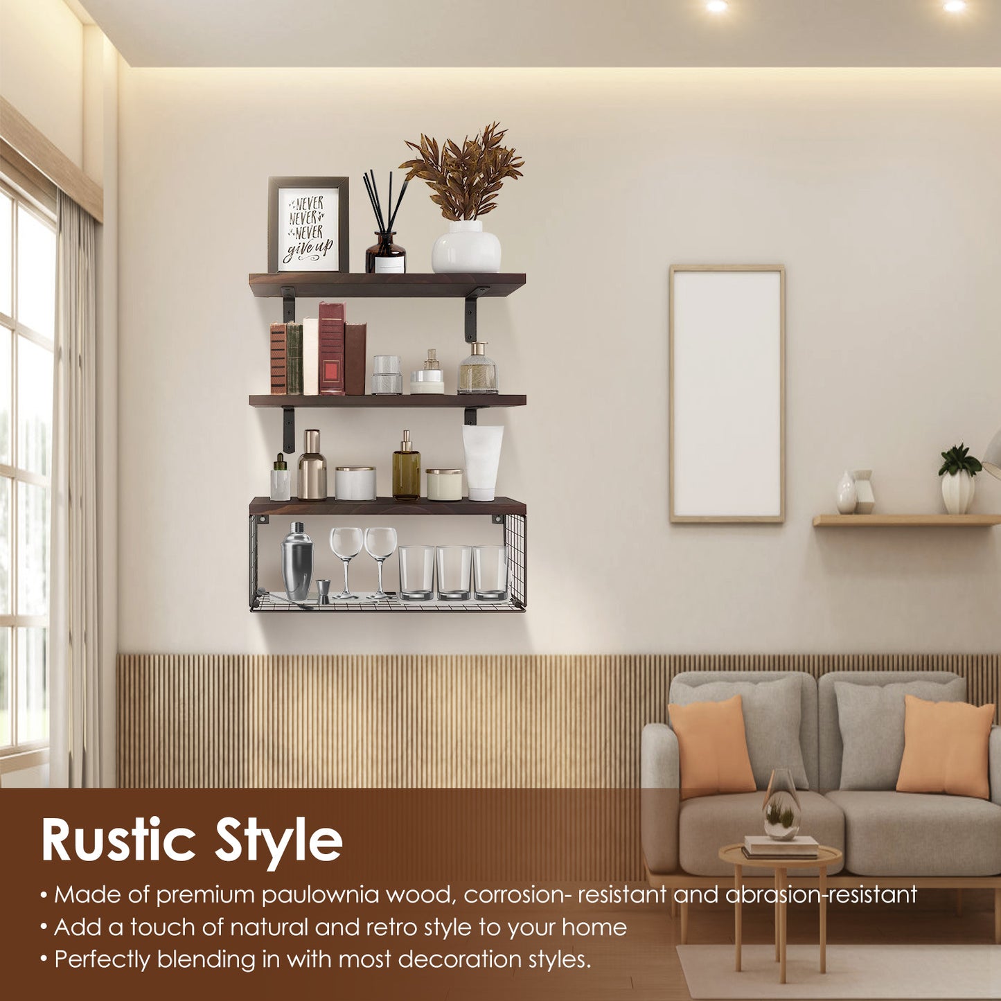 AI62 Decor 2-in-1 Floating Wall Shelves with Storage Basket for Home & Office