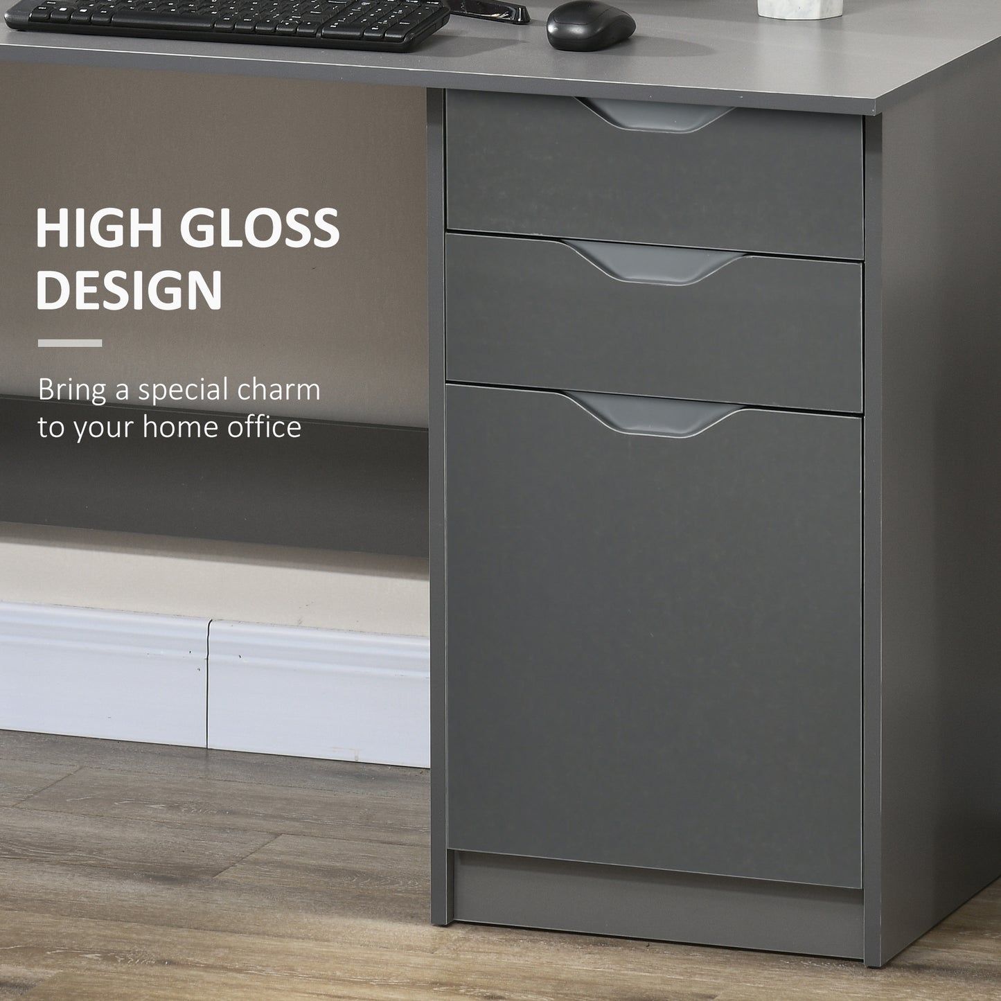 AI62 Decor Computer Desk With Drawers, High Gloss Home Office Desk With Storage Cabinet, Study Workstation, 120 X 60cm, Grey