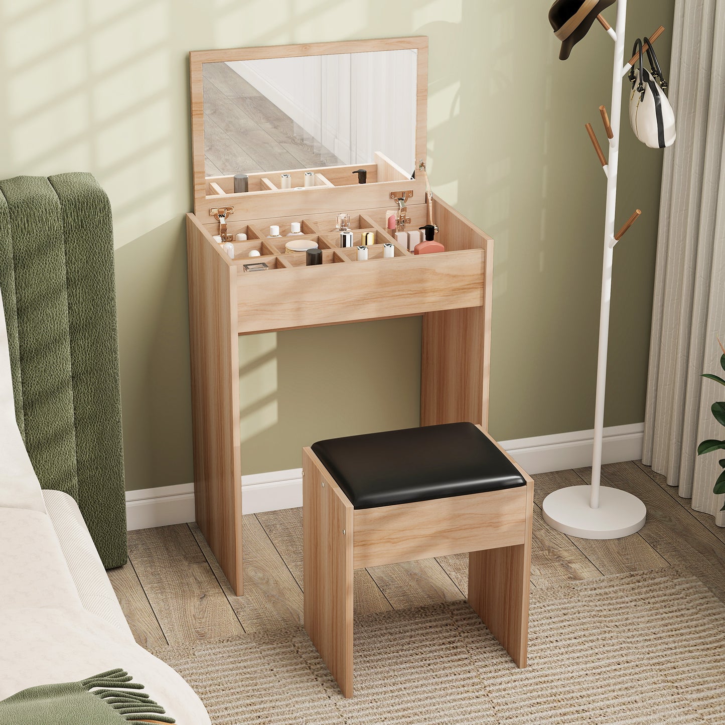 AI62Decor  Wooden Vanity Makeup Table with Mirror & Stool