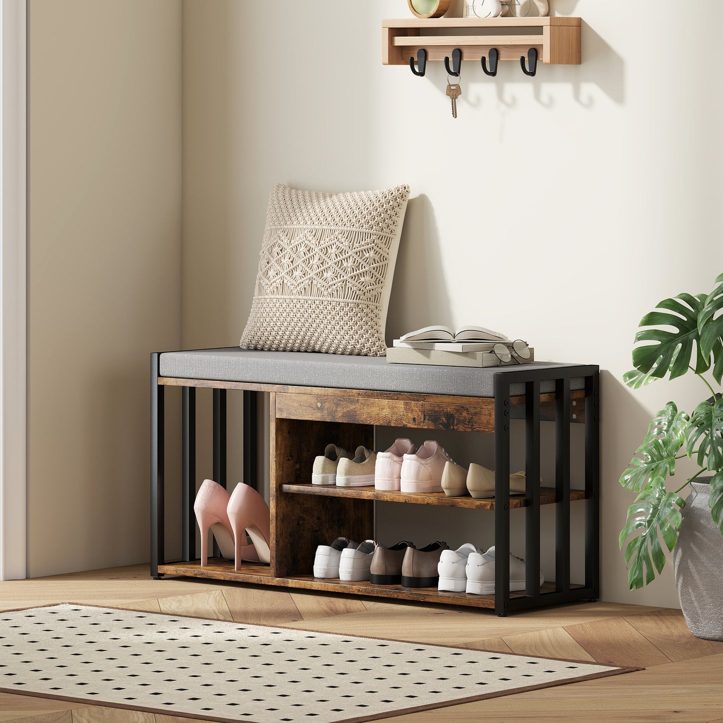 AI62 Decor Rustic Industrial Storage Bench with Cushion and Shelves