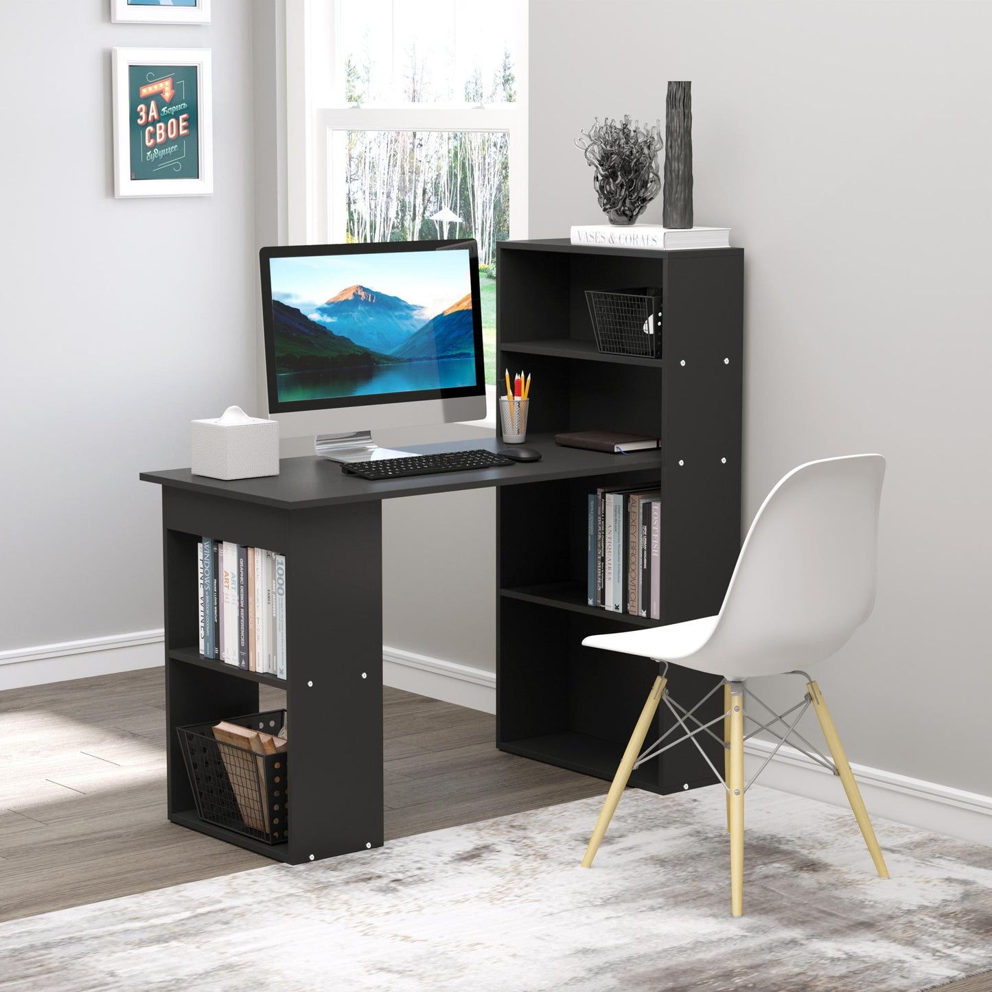 AI62 Decor 120cm Computer Desk with 6-Tier Storage Shelves – Black