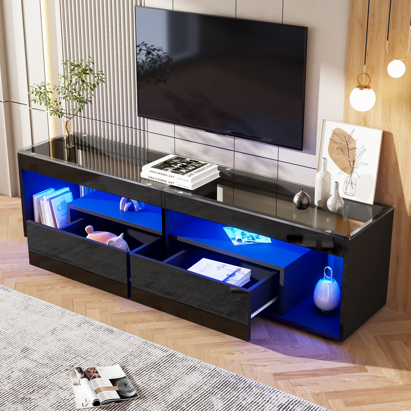 AI62 Decor High Gloss TV Stand with LED & Drawers – 180×40×46cm