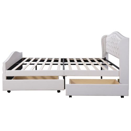 AI62 Decor Upholstered 135x190cm Bed with Drawers & Riveted Headboard – White