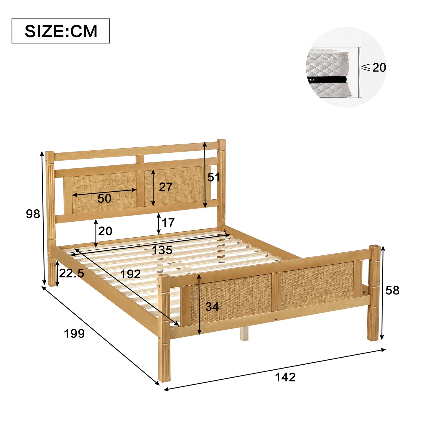 AI62 Decor Double Bed 4FT6 with Sturdy Slats – Natural Wood