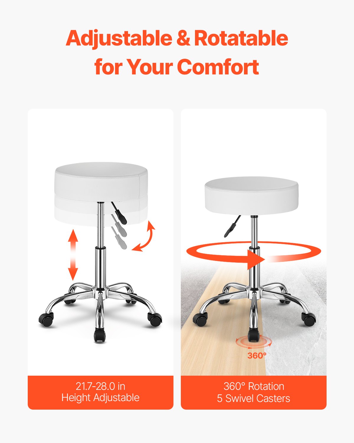 AI62 Decor White Adjustable Rolling Stool with Wheels – 450lbs Swivel Salon Chair