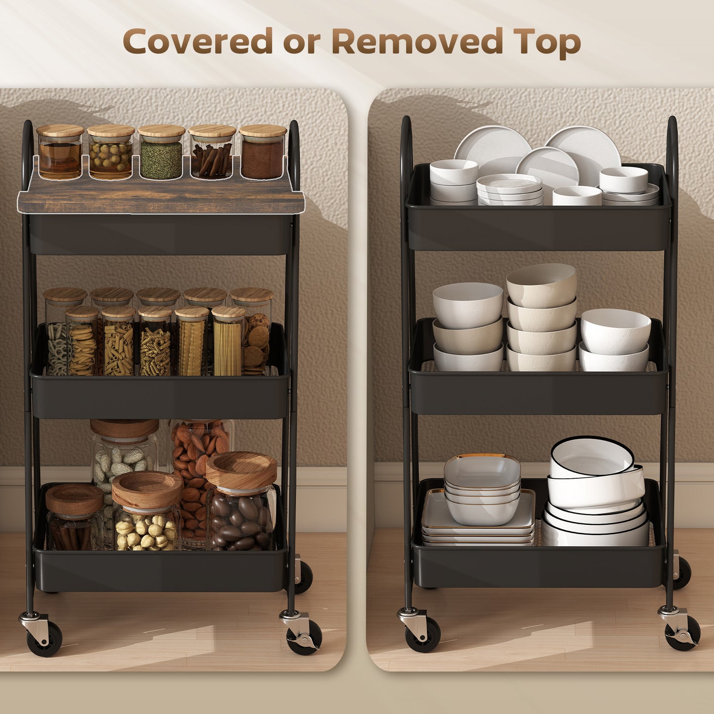 AI62 Decor 3-Tier Kitchen Trolley with Wheels – Rustic Brown & Black
