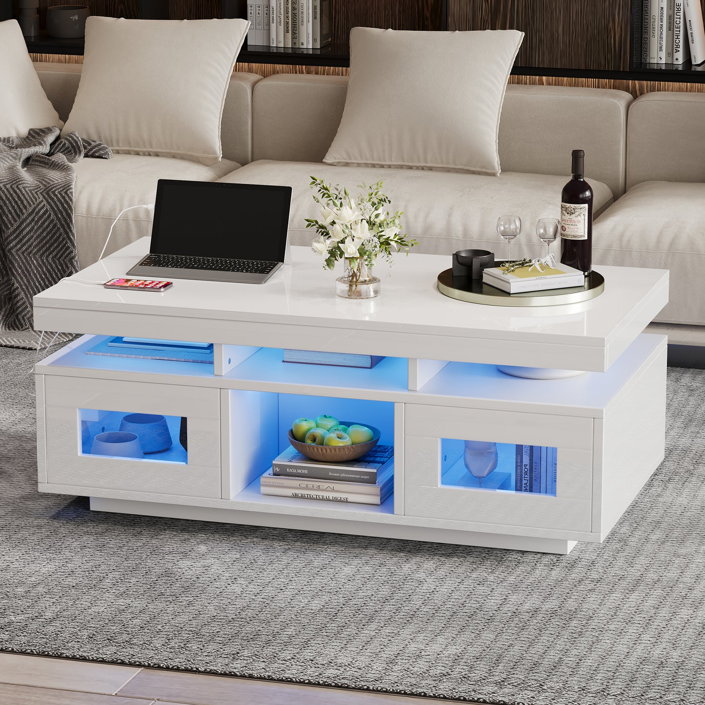 AI62 Decor High-Gloss LED Coffee Table with USB Ports & Storage Doors (White)