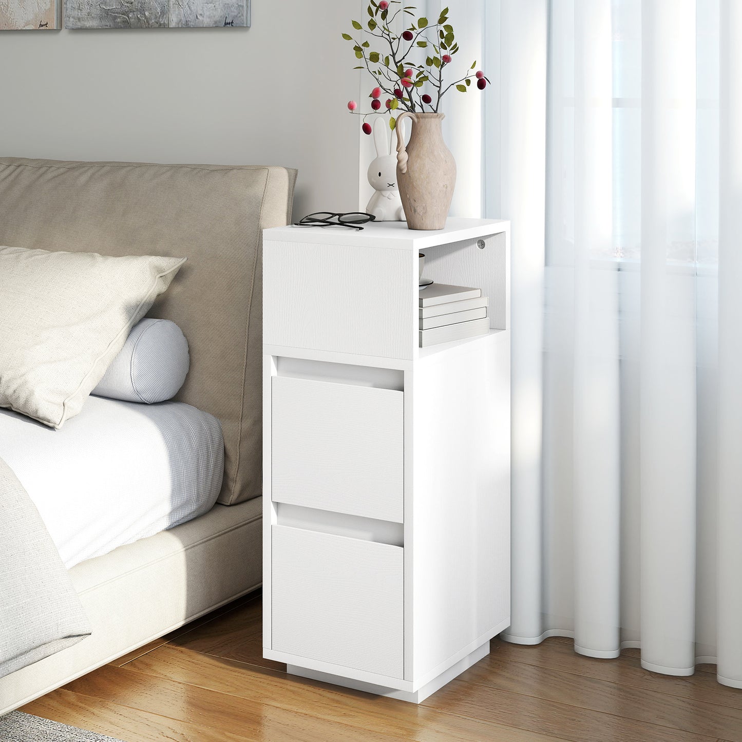 AI62 Decor Narrow White Bedside Cabinet with Storage Drawers
