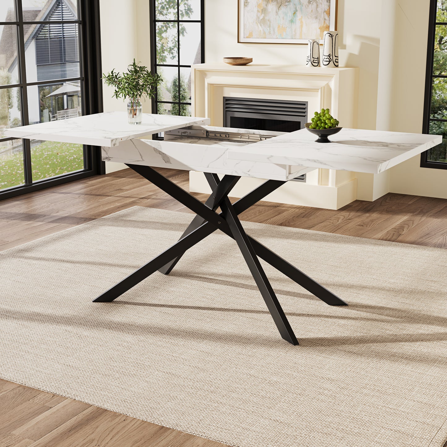 AI62 Decor White Marble Telescopic Dining Table with Black Crossed Iron Legs