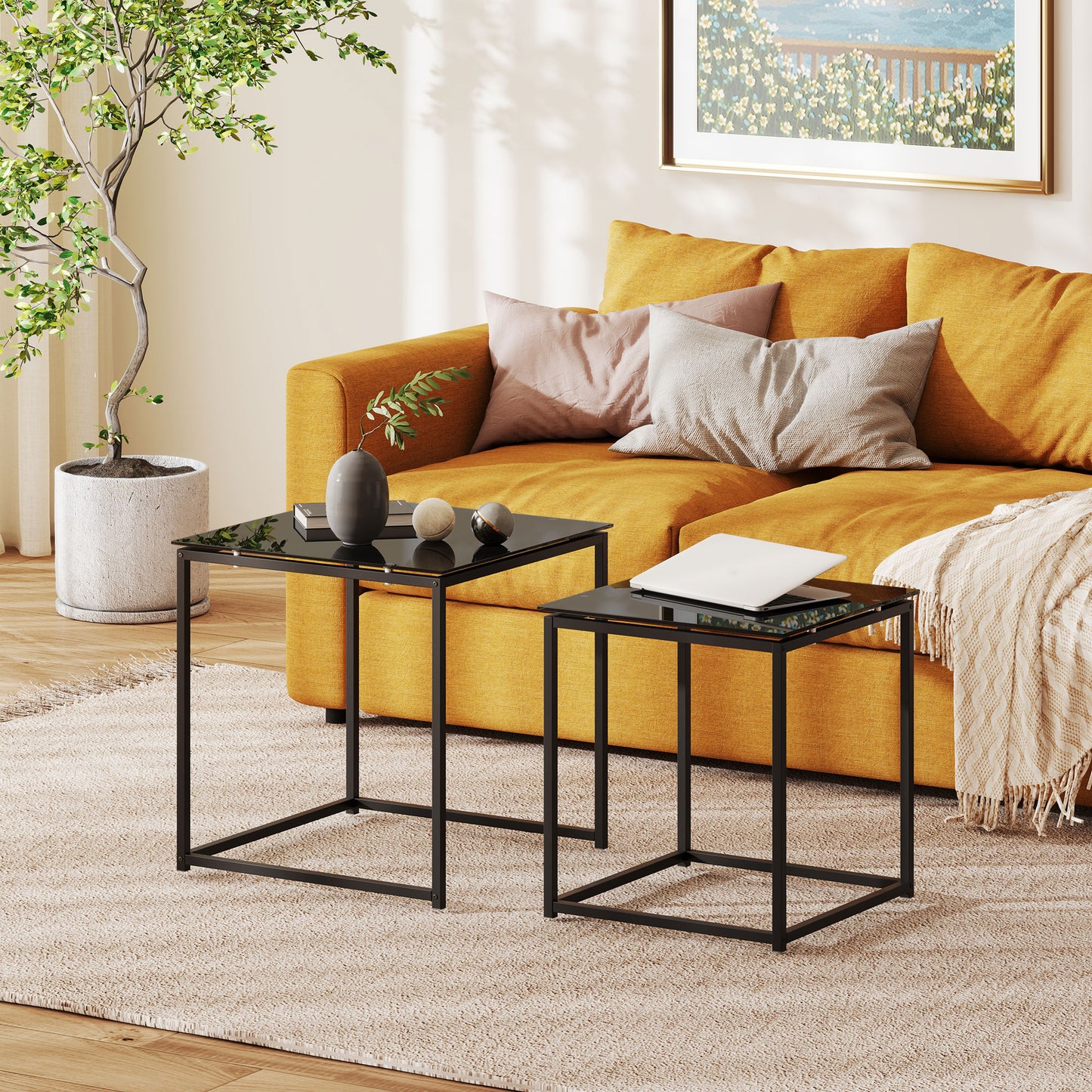 AI62 Decor 2-Piece Nesting Coffee & Side Tables with Glass Top – Black