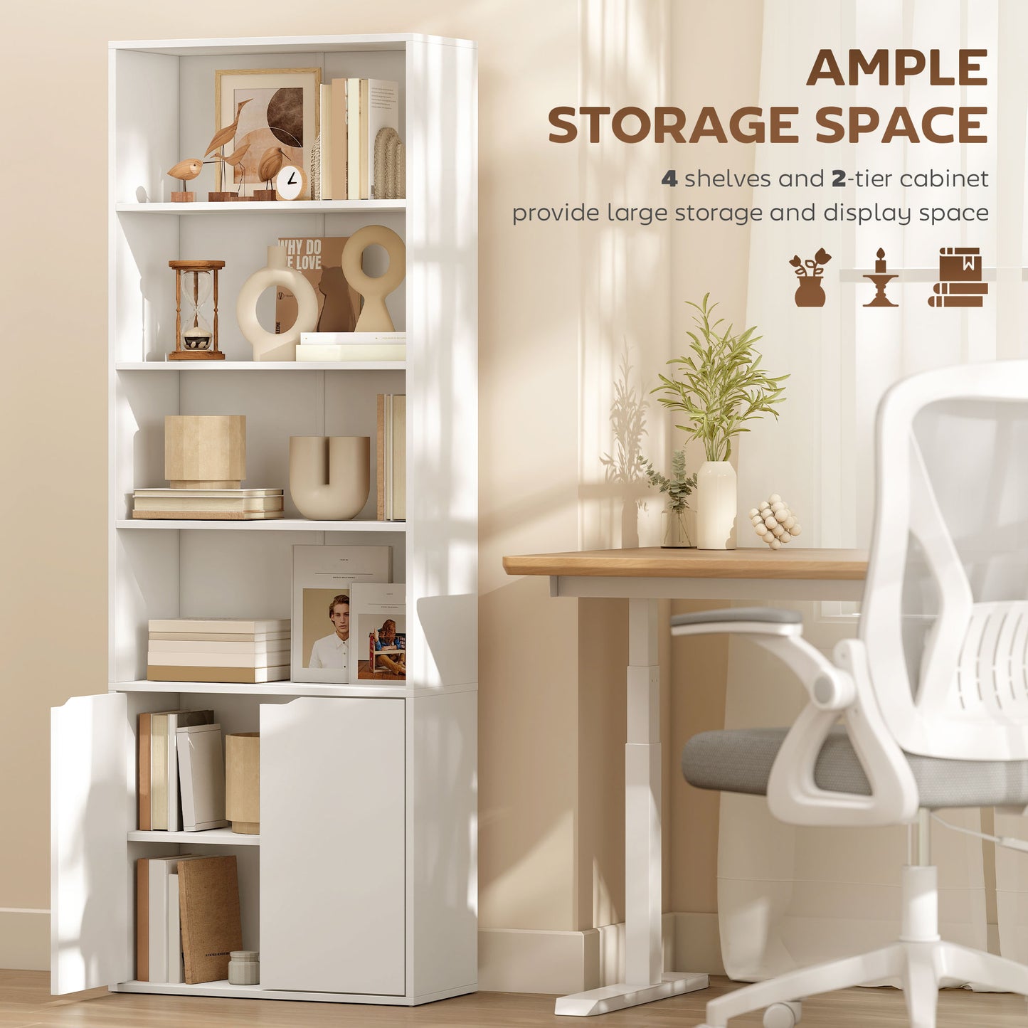 AI62 Decor 6-Tier White Bookcase with Shelves & Cabinet, 59x29x180cm