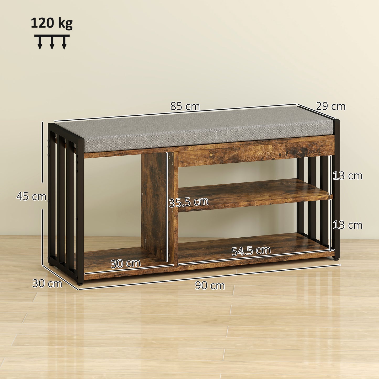 AI62 Decor Rustic Industrial Storage Bench with Cushion and Shelves