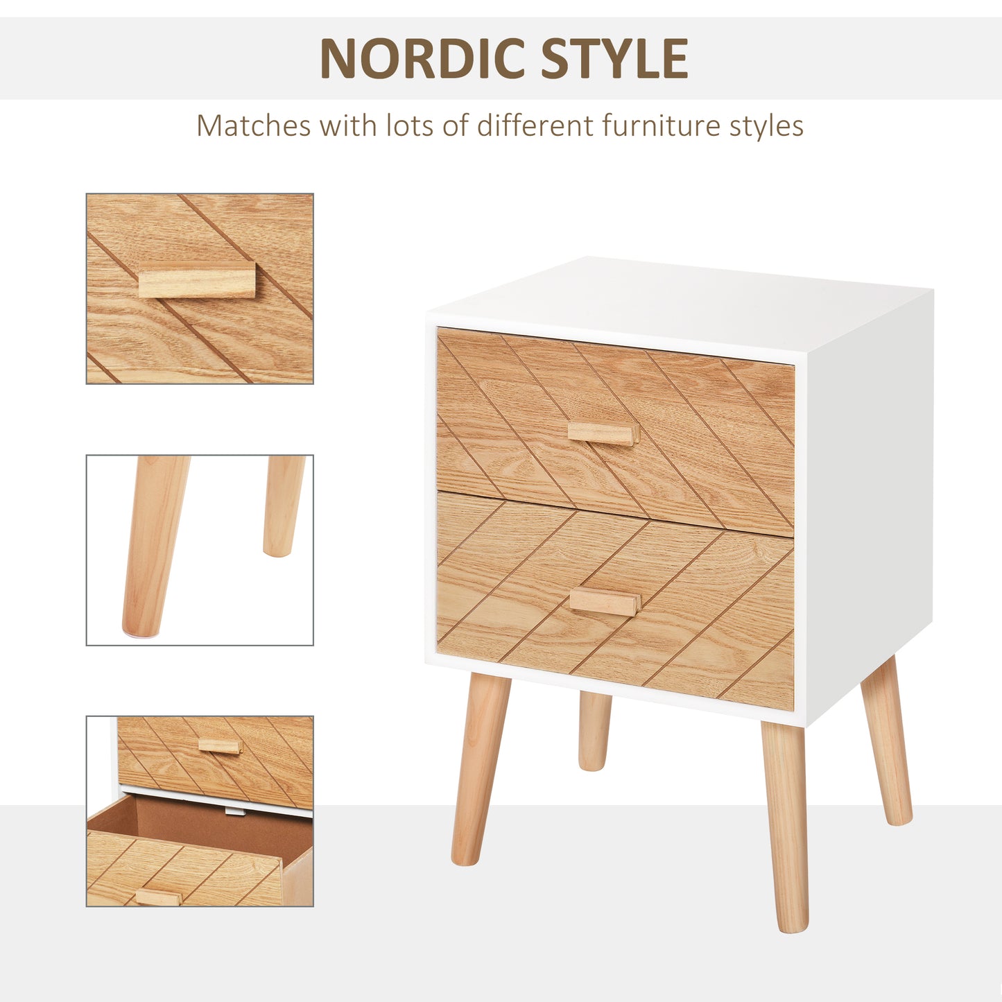 AI62 Decor 2Wooden Bedside Table with Drawers & Pine Legs, Natural