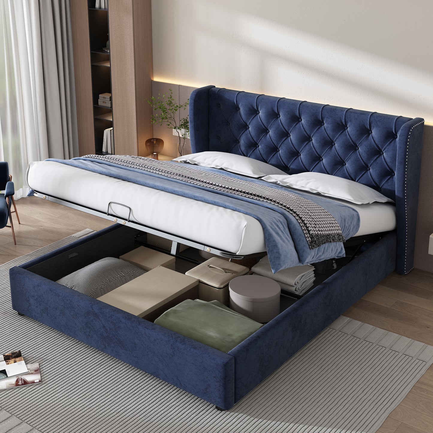AI62 Decor Upholstered Storage Bed with Hydraulic Lift – 135 x 190 cm, Blue Velvet