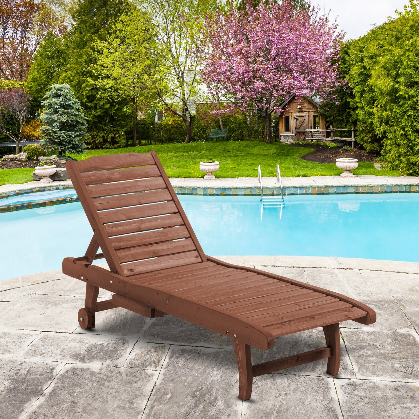 AI62 Decor Outdoor Wooden Lounger with Table & Wheels – Red Brown