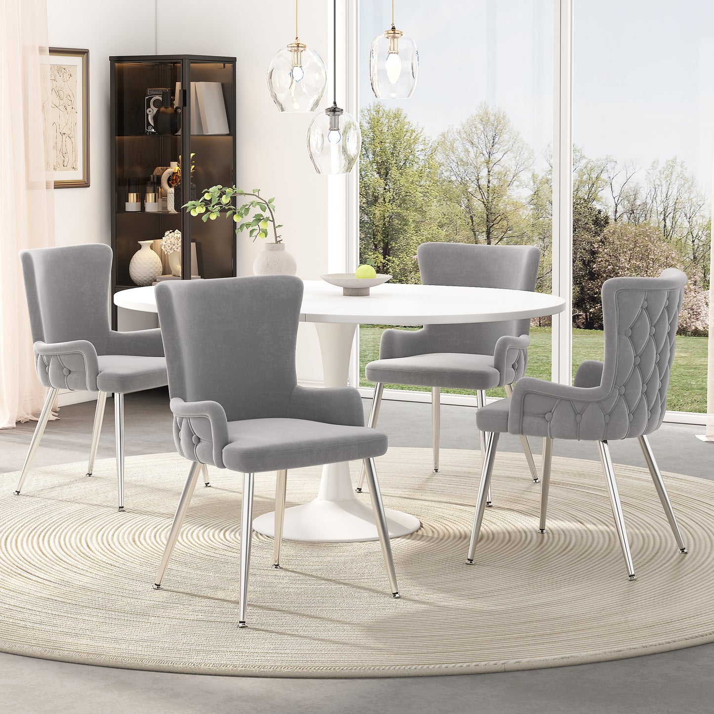 AI62 Decor Set of 6 Grey Velvet Dining Chairs with Silver Legs